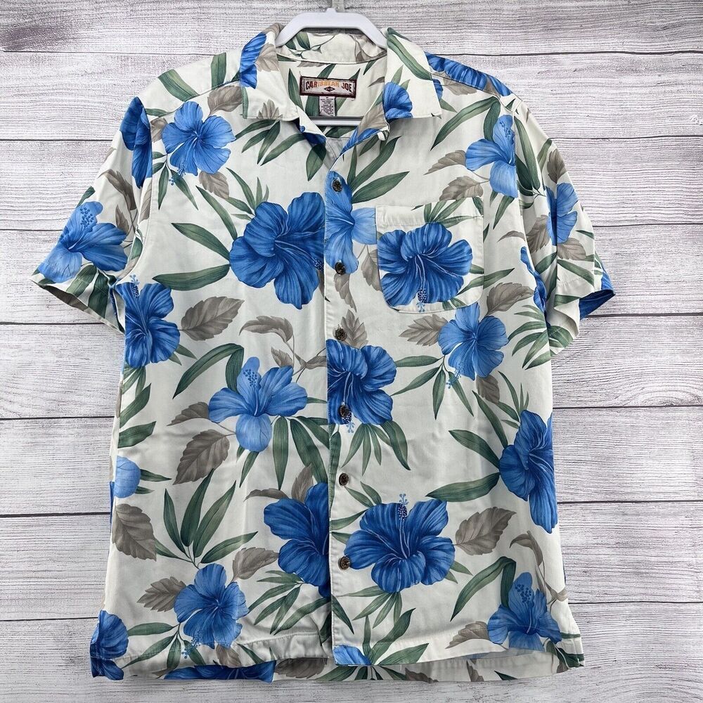 Caribbean Joe Shirt Men's Sz M Hawaiian Button Front Tropical Print Short Sleeve